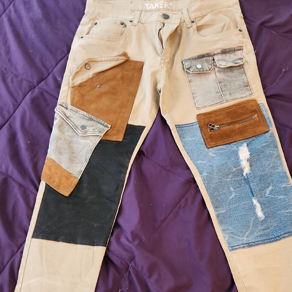 Men's Patchwork Slim Straight Jeans - Tan, Blue, Black